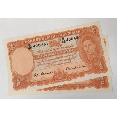 AUSTRALIA 1952 . TEN 10  SHILLINGS BANKNOTE . CONSECUTIVE PAIR . VERY SCARCE